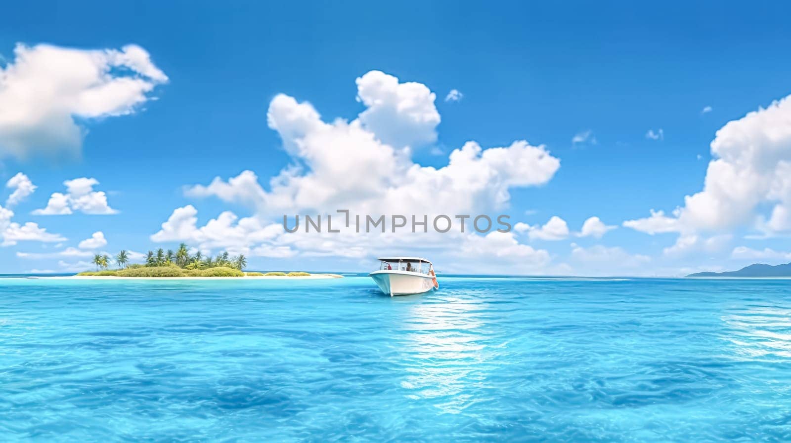 a boat gently rocking in the azure waters next to a pristine beach. by Alla_Morozova93