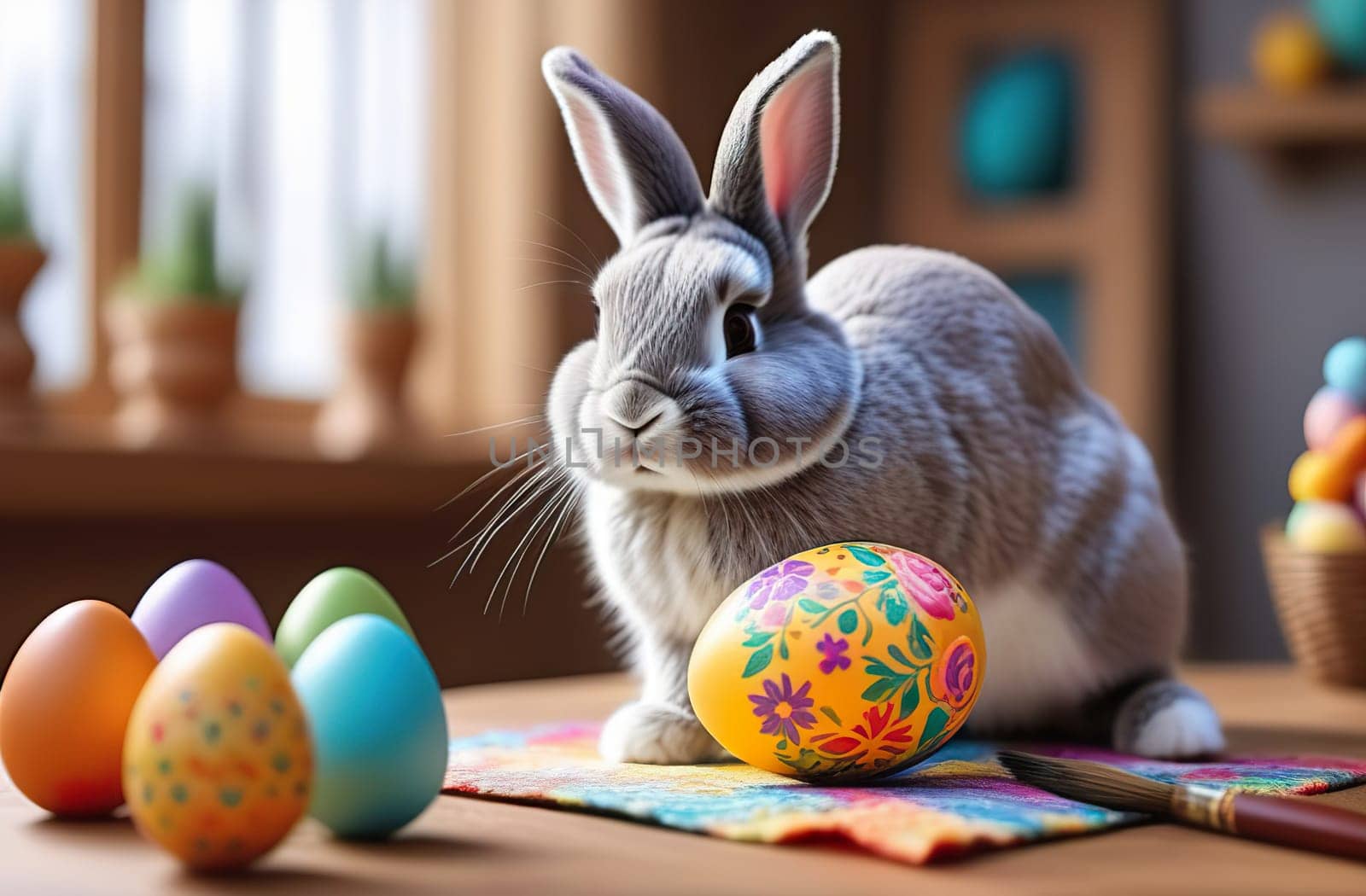 Easter - cute fluffy gray bunny sitting on the kitchen table, next to decorated eggs.