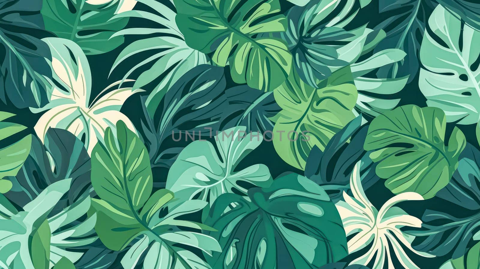 Immerse your designs in tropical bliss with this seamless pattern. Realistic botanical illustrations of lush leaves create a Hawaiian background for a captivating touch.