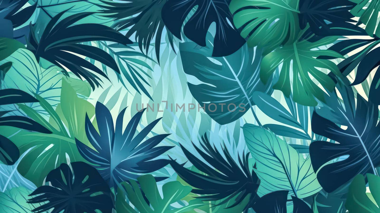 Transform your project with turquoise and green tropical leaves. This seamless graphic design features amazing palms, ideal for fashion, interior, wrapping, and packaging. Realistic palm leaves add a touch of exotic allure.