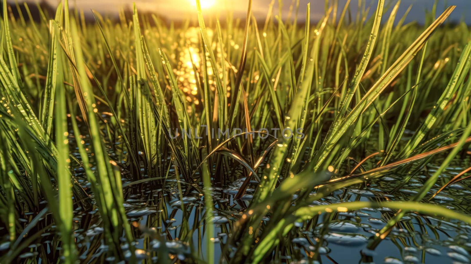 Immerse yourself in the purity of nature with this close up of lush green grass adorned with morning dew. A refreshing panorama capturing the essence of spring and summer.