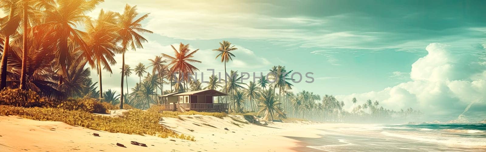 Tropical bliss on a paradise islands palm fringed beach. Turquoise waters and exotic palm trees create an idyllic scene of relaxation and serenity.