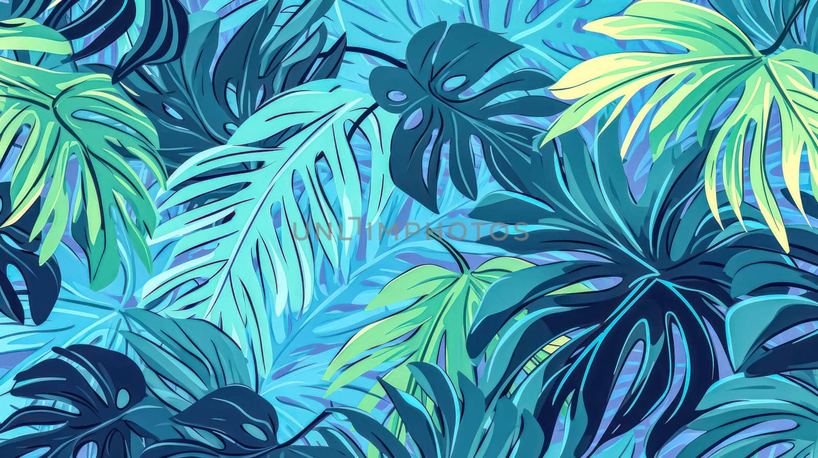 Transform your project with turquoise and green tropical leaves. This seamless graphic design features amazing palms, ideal for fashion, interior, wrapping, and packaging. Realistic palm leaves add a touch of exotic allure.