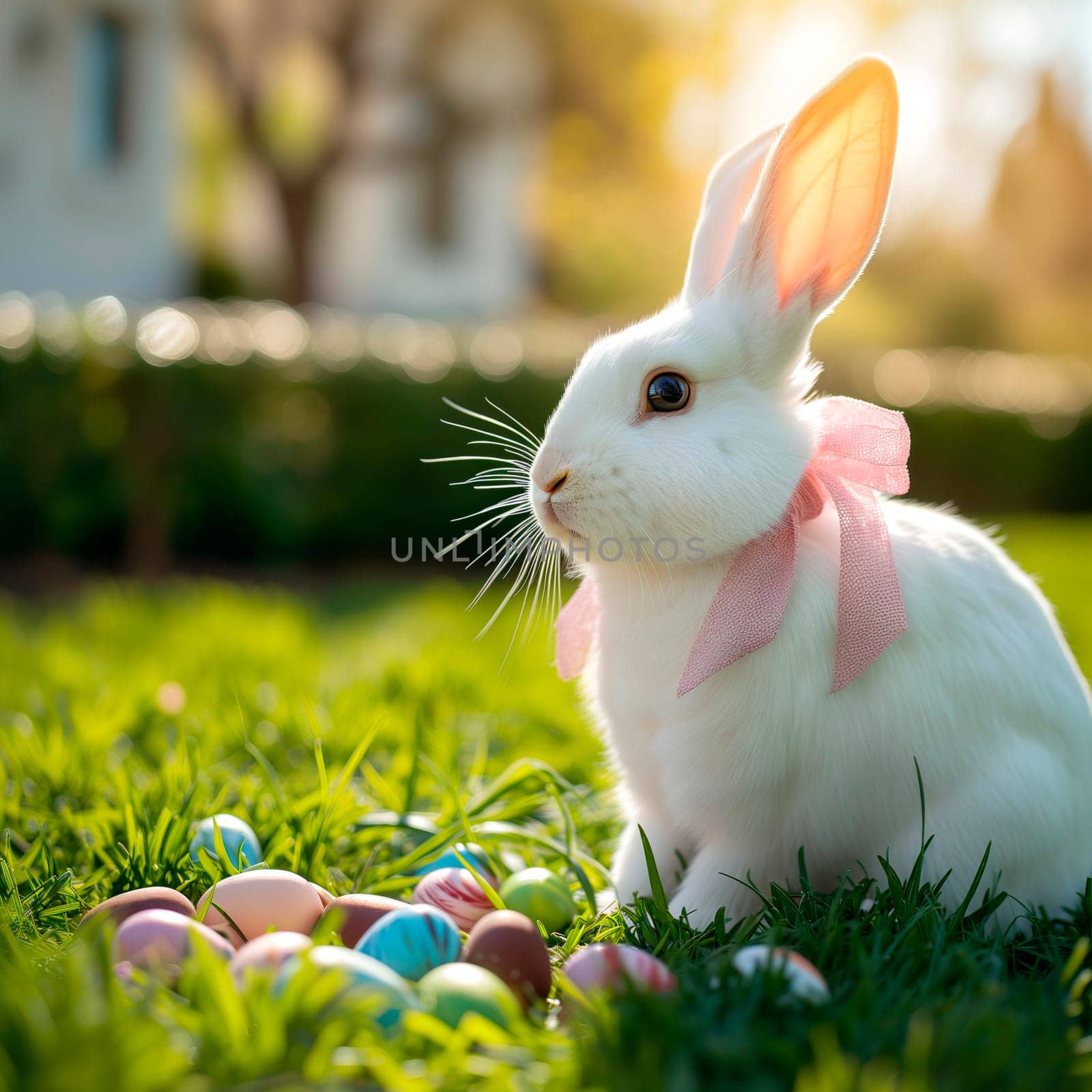 One beautiful white Easter bunny with a pink bow around his neck sits on the right on a green lawn with Easter eggs scattered around in the backyard of a house, close-up side view.