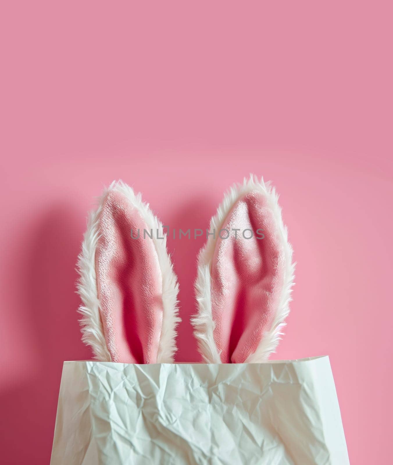 One beautiful velvet ears peeking out from a crumpled paper bag standing from below on a pink background with copy space from above, close-up side view.