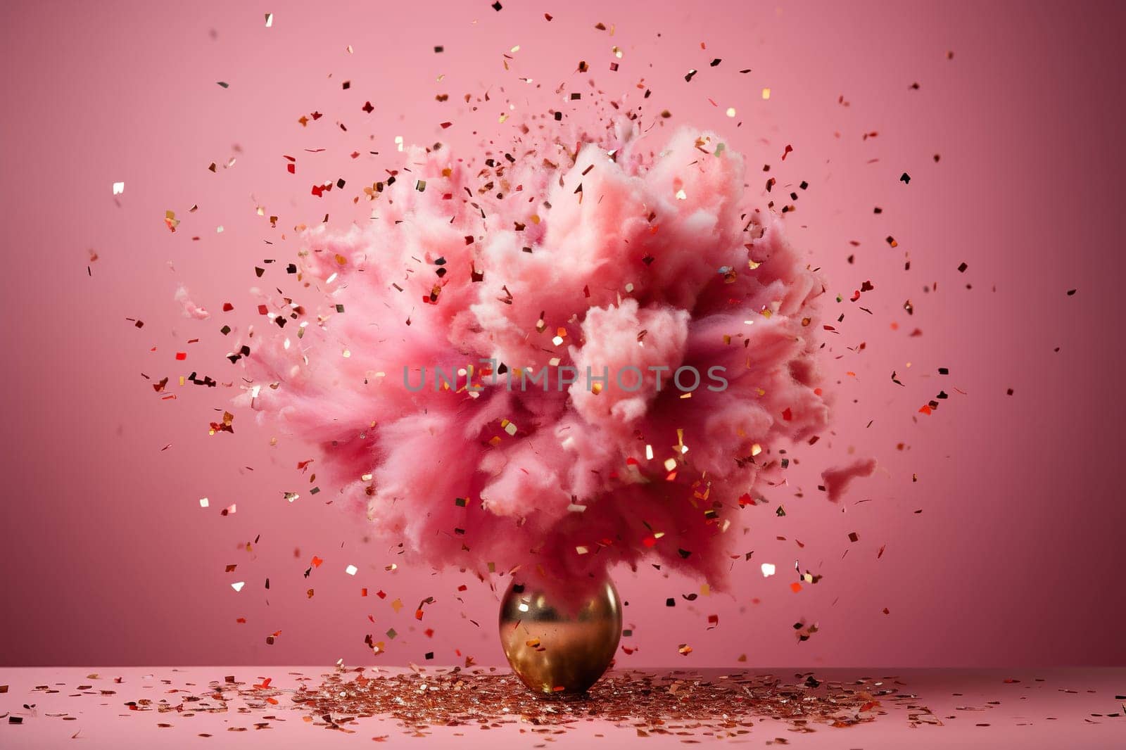 Vase with pink cloud and gold confetti on a pink background. Generated by artificial intelligence by Vovmar
