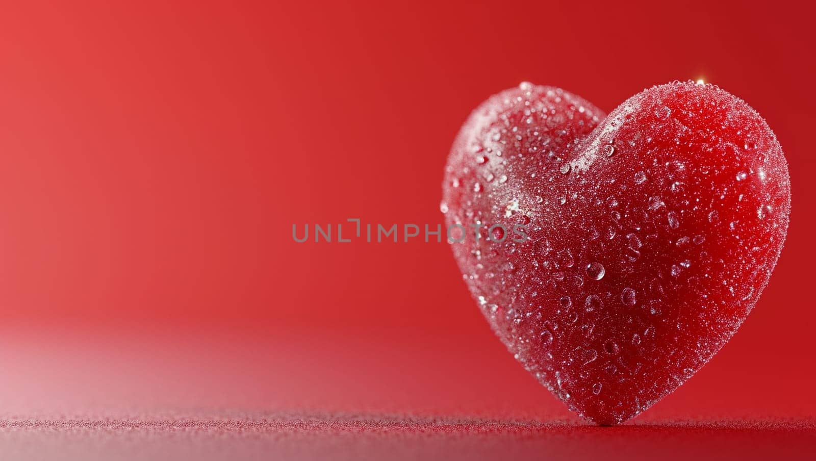 Frozen Heart. A heart covered with a layer of ice and frost on a red background. Space for text. by Sneznyj