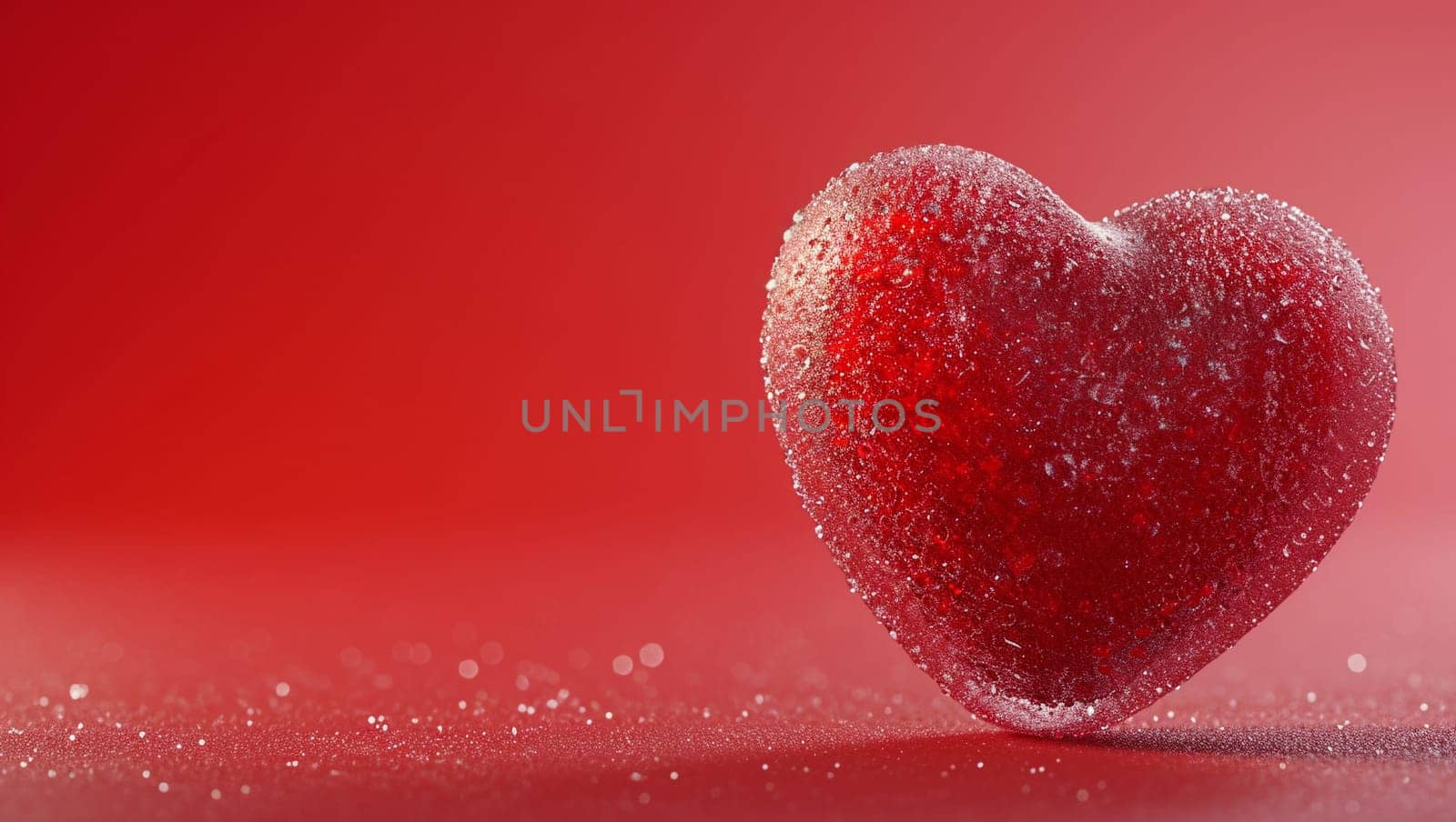 Frozen Heart. A heart covered with a layer of ice and frost on a red background. Space for text. High quality photo. Copy space. Iced red heart.