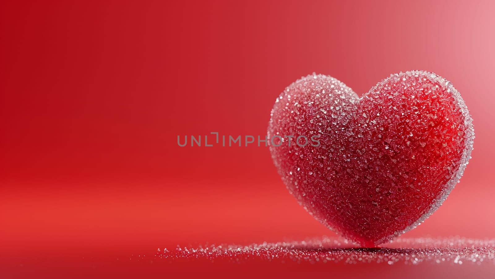 Frozen Heart. A heart covered with a layer of ice and frost on a red background. Space for text. High quality photo. Copy space. Iced red heart.