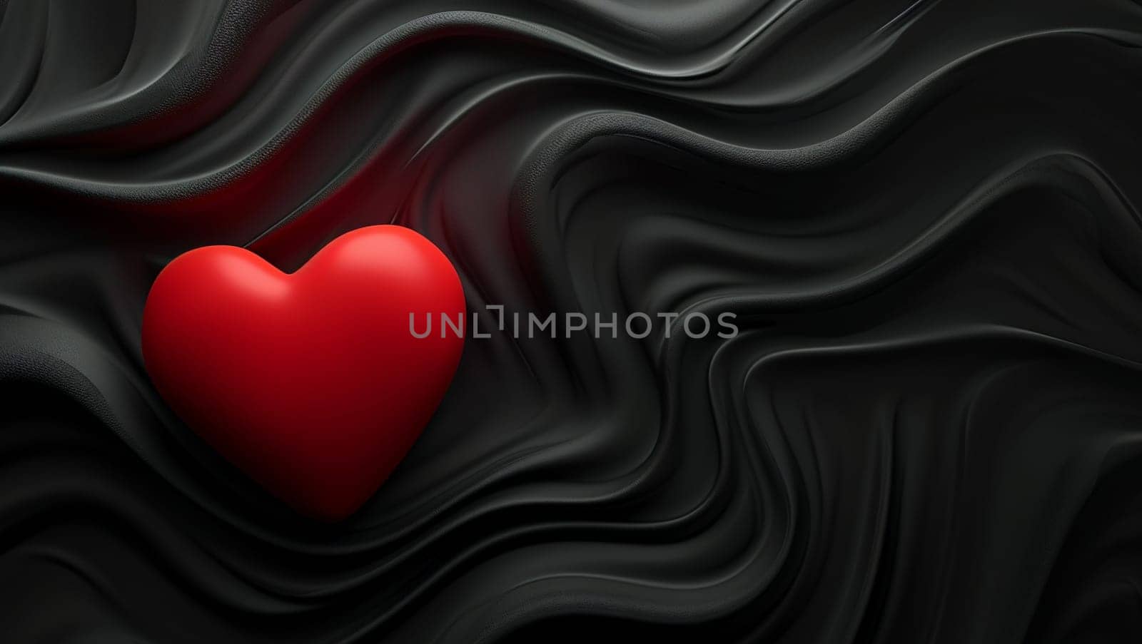 Red heart on a black, cloth background. Black waves of fabric flow through the heart. Stylish image. High quality photo