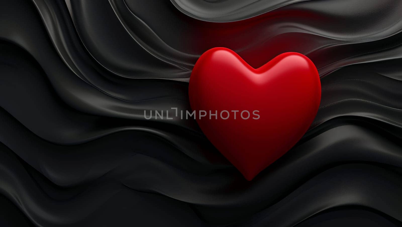 Red heart on a black, cloth background. Black waves of fabric flow through the heart. Stylish image. High quality photo