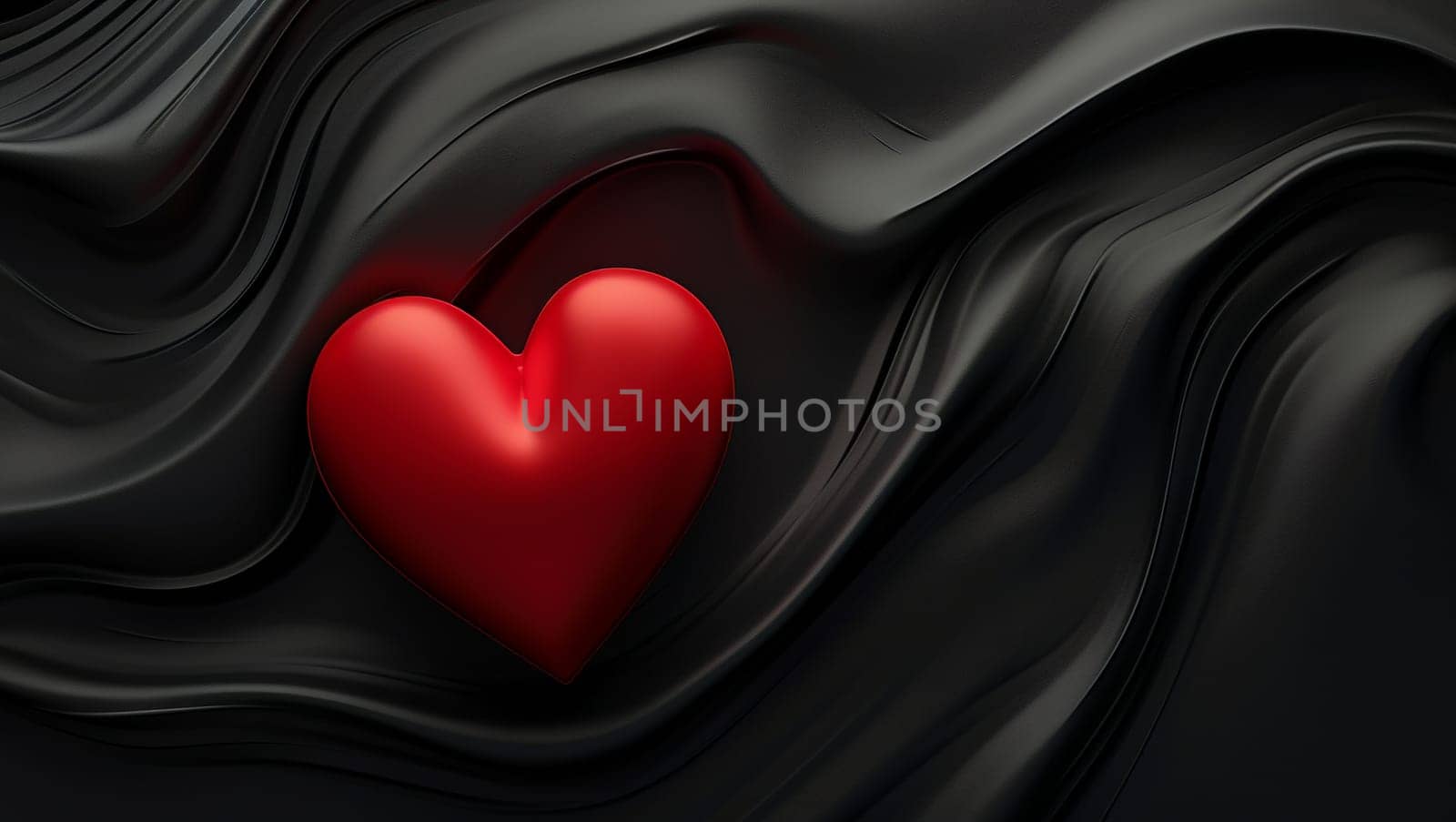 Red heart on a black, cloth background. Black waves of fabric flow through the heart. Stylish image. High quality photo