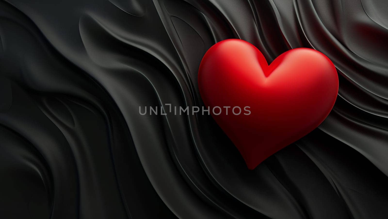 Red heart on a black, cloth background. Black waves of fabric flow through the heart. Stylish image. High quality photo