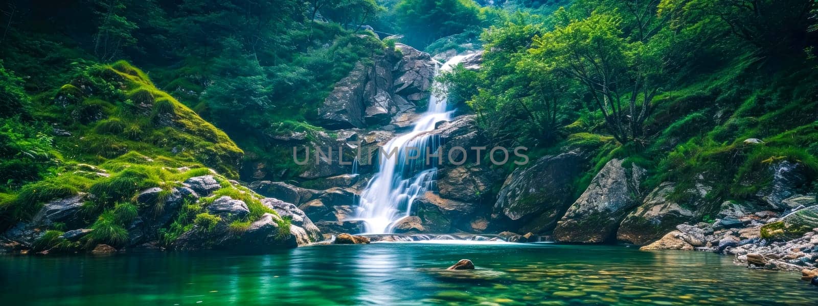 Serene mountain waterfall into a tranquil pool, surrounded by lush greenery under soft sunlight by Edophoto
