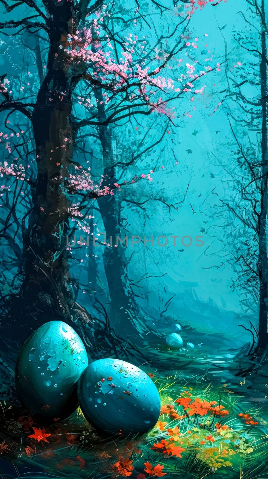Easter. Enchanted forest with mystical eggs and blooming cherry blossoms, a magical spring awakening vertical