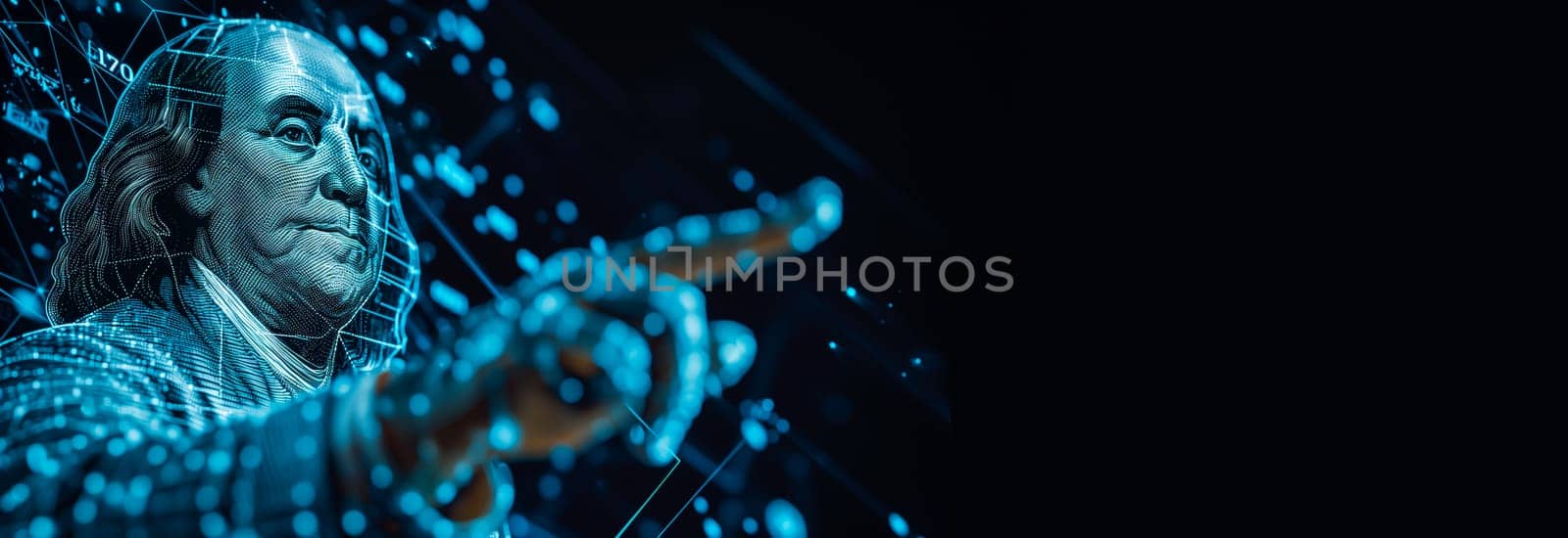 Banner Finance Blue Wireframe Hologram of Benjamin Franklin on Black Background, Copy Space For Text. Banking, Crypto Currency. Investment , Market Crash. AI Generated Horizontal Plane.