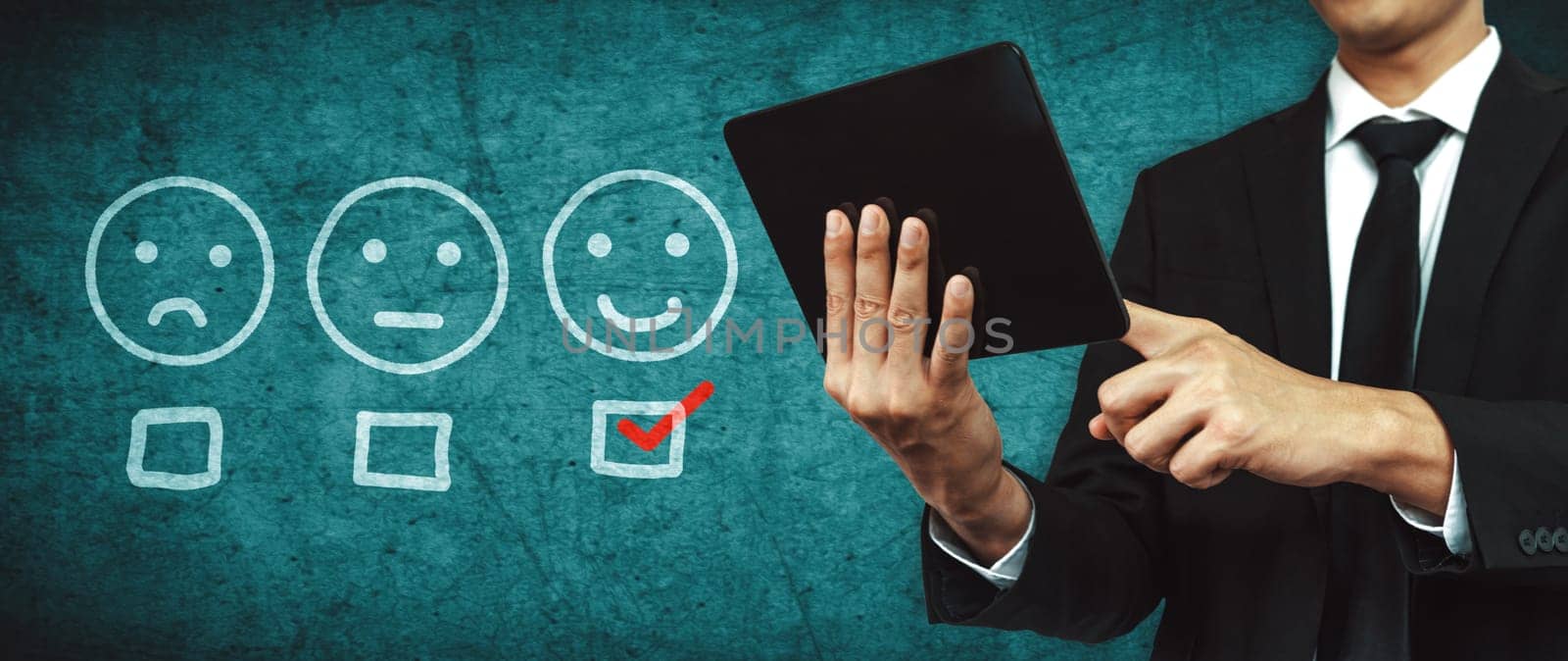 Customer review satisfaction feedback survey concept. User give rating to service experience on online application. Customer can evaluate quality of service lead to reputation ranking of business. uds