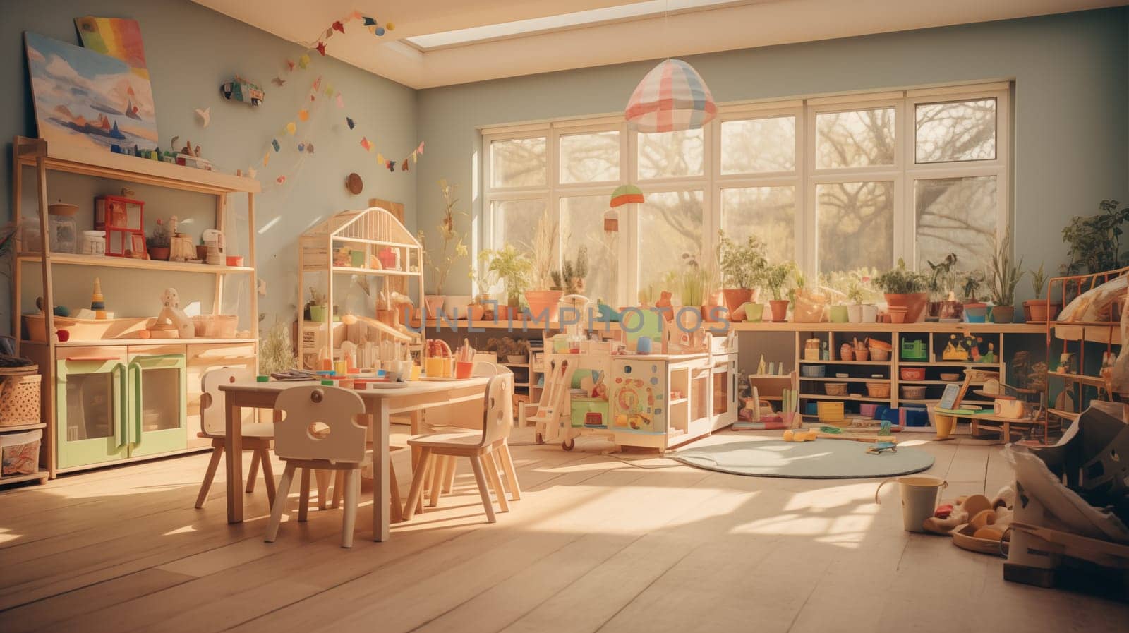 Cozy classroom with wooden toys and educational stations bathed in morning light.
