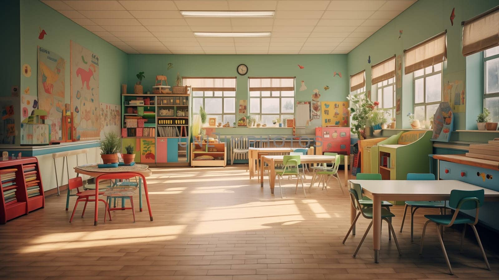 Vibrant and colorful preschool classroom with artwork and educational materials.
