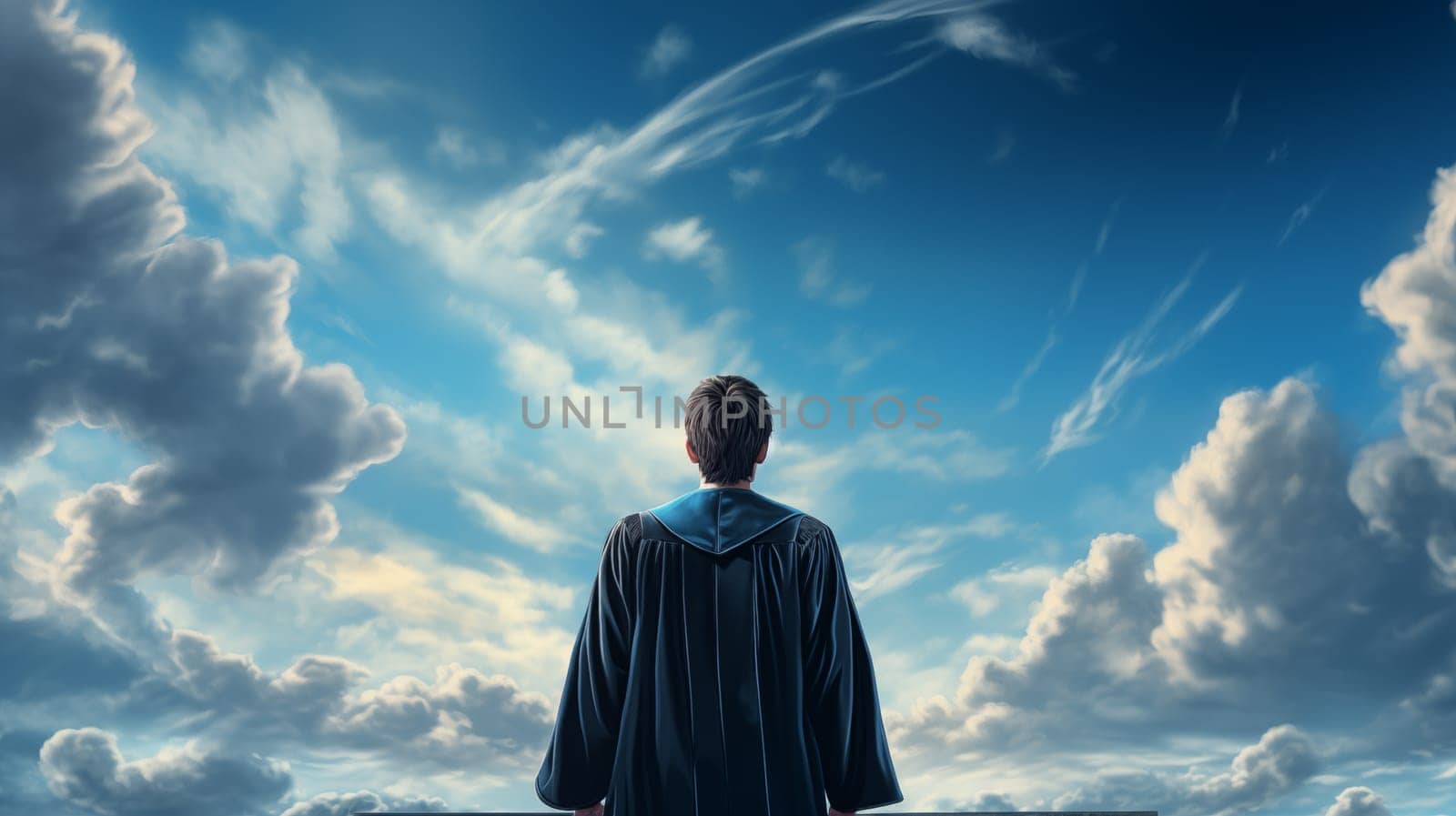 A rear view of a graduate in a robe, without a hat, standing outdoors against a background of blue sky.