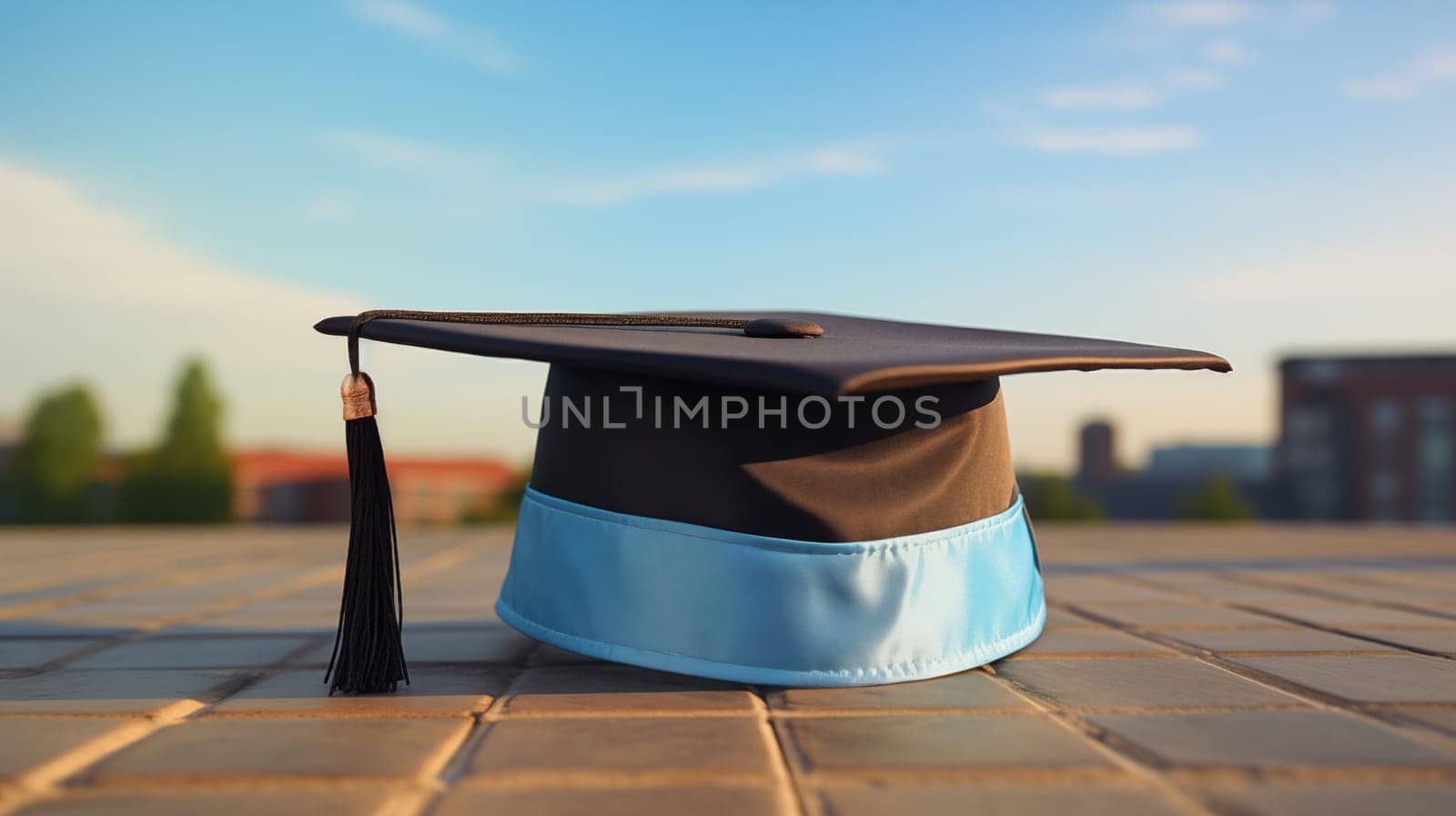 Graduate hat with blue braid lying on the pavement,against the background of the blue sky by Zakharova