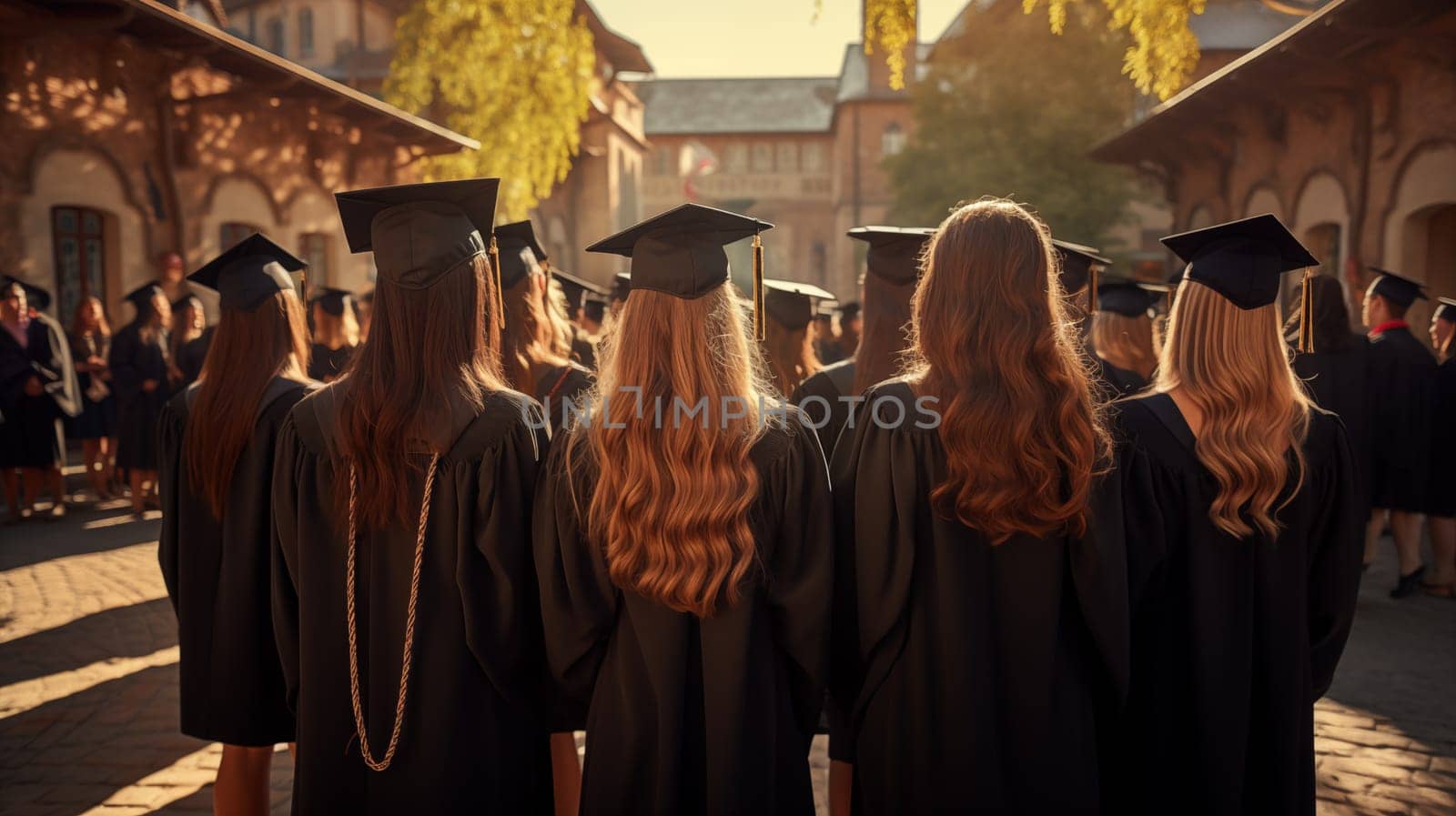 Rear view of a group of graduate girls standing outdoors.