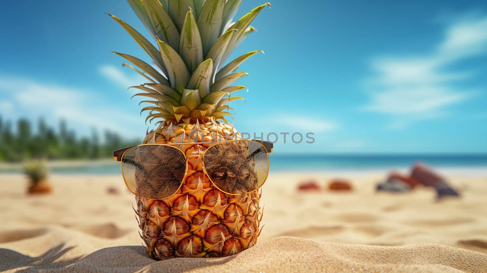 Cute Pineapple With Sunglasses stand In The Beach by Zakharova