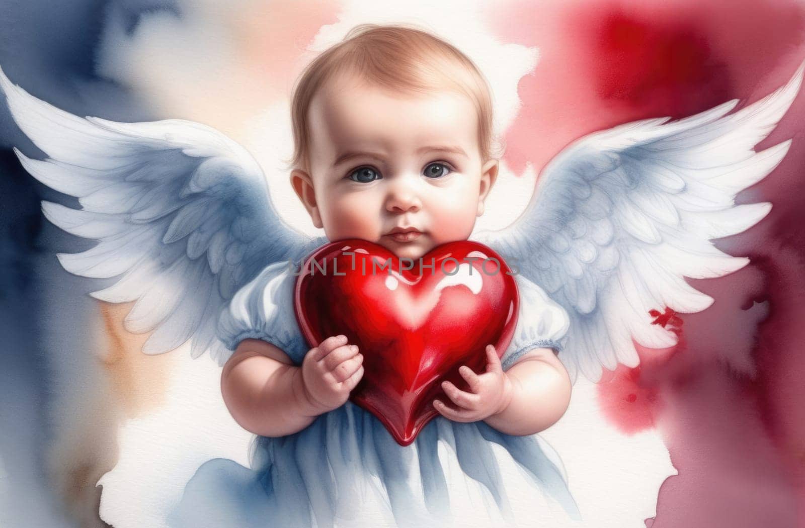 Little angel baby holding a red heart in his hands. Valentine's Day. Cupid's little child.