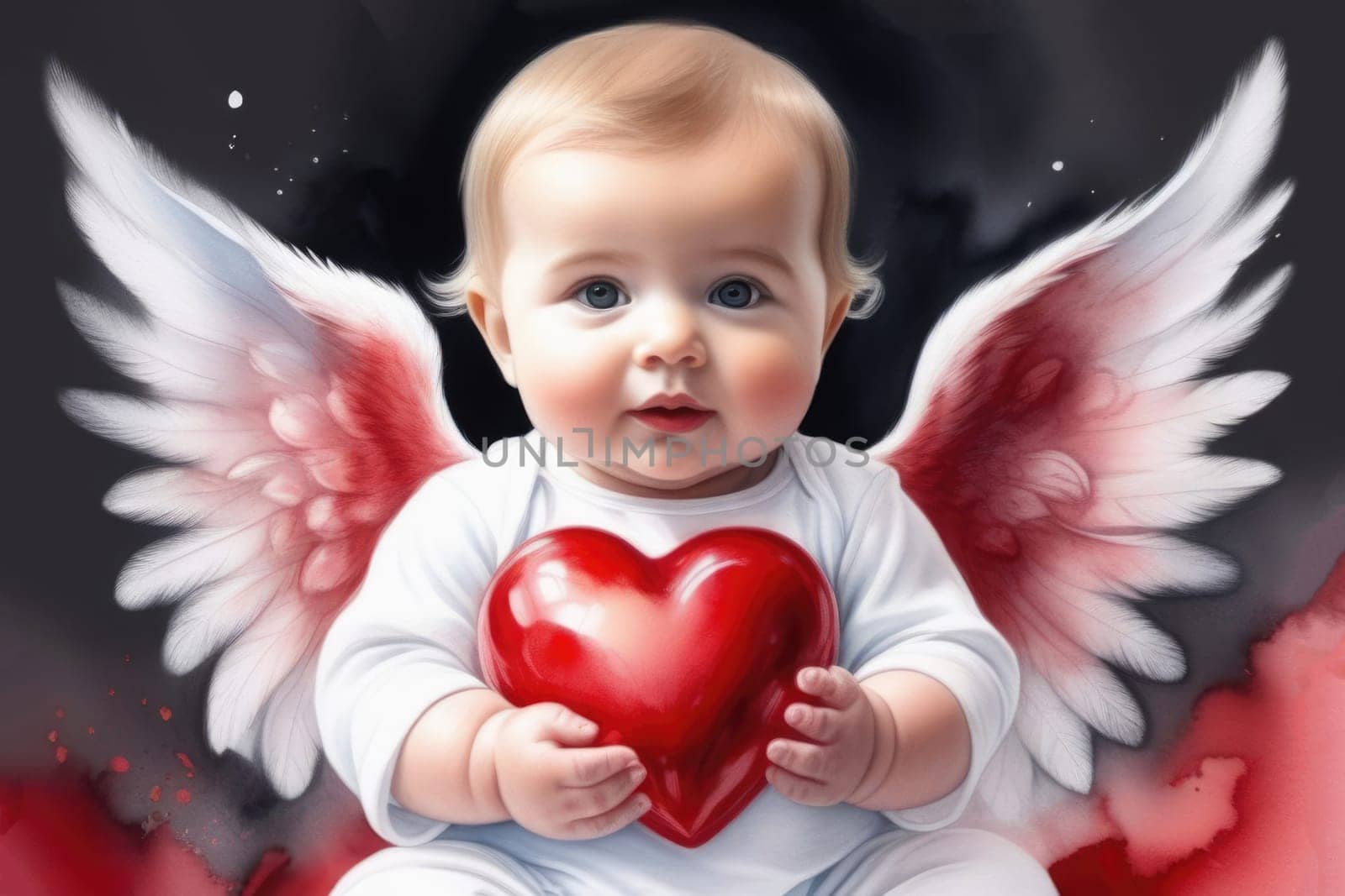 Little angel baby holding a red heart in his hands. Valentine's Day. Cupid's little child.