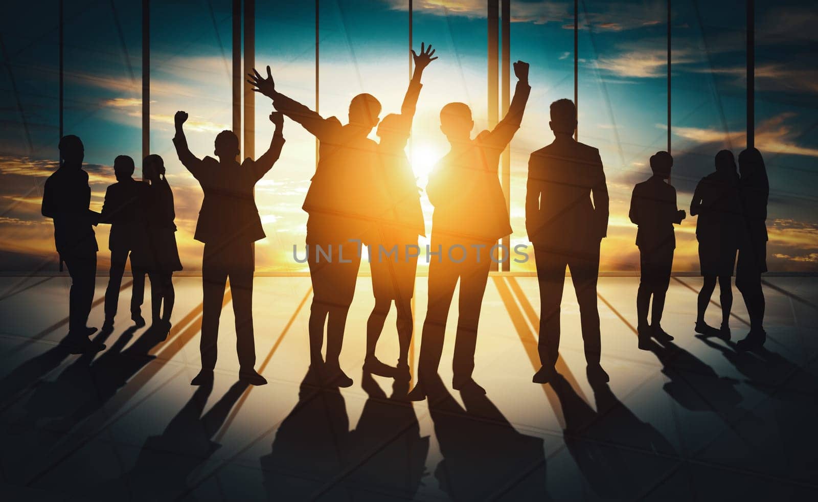 Double exposure image of many business people conference group meeting on city office building in background showing partnership success of business deal. Concept of teamwork, trust and agreement. uds