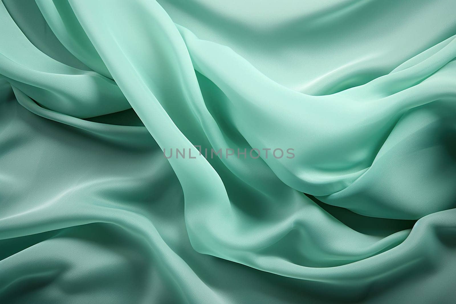 Wavy transparent turquoise fabric, turquoise background. Generated by artificial intelligence by Vovmar