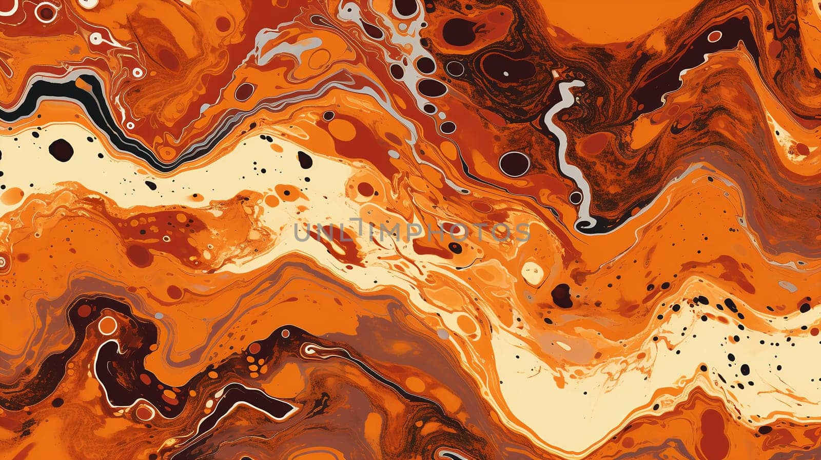 Vivid abstract marbling pattern with orange and black fluid shapes