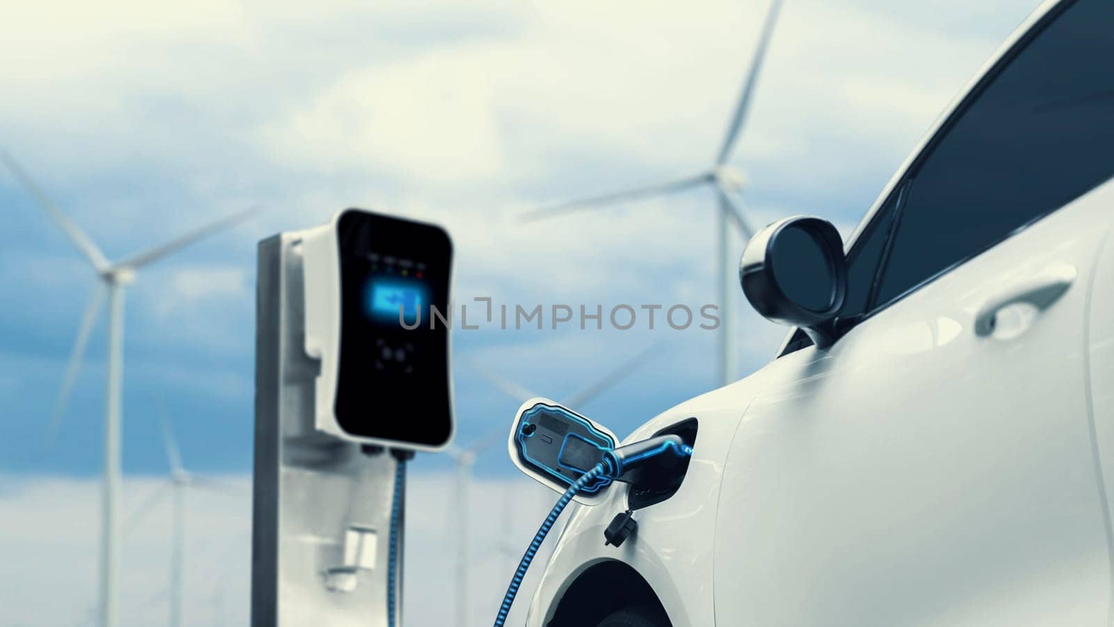 Electric car recharging energy from charging station by smart EV charger in wind turbine farm with nature outdoor background. Technological advance of alternative clean sustainable energy. Peruse