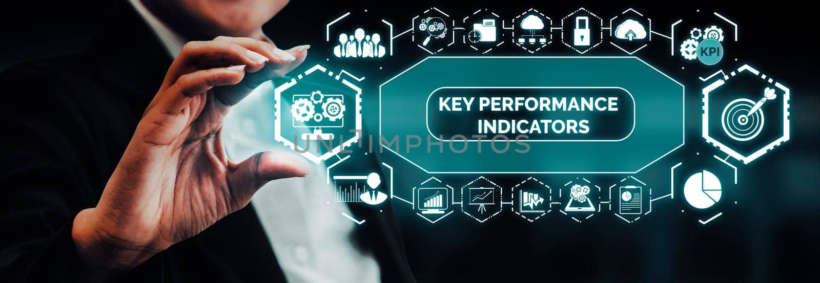 KPI Key Performance Indicator for Business Concept - Modern graphic interface showing symbols of job target evaluation and analytical numbers for marketing KPI management. uds