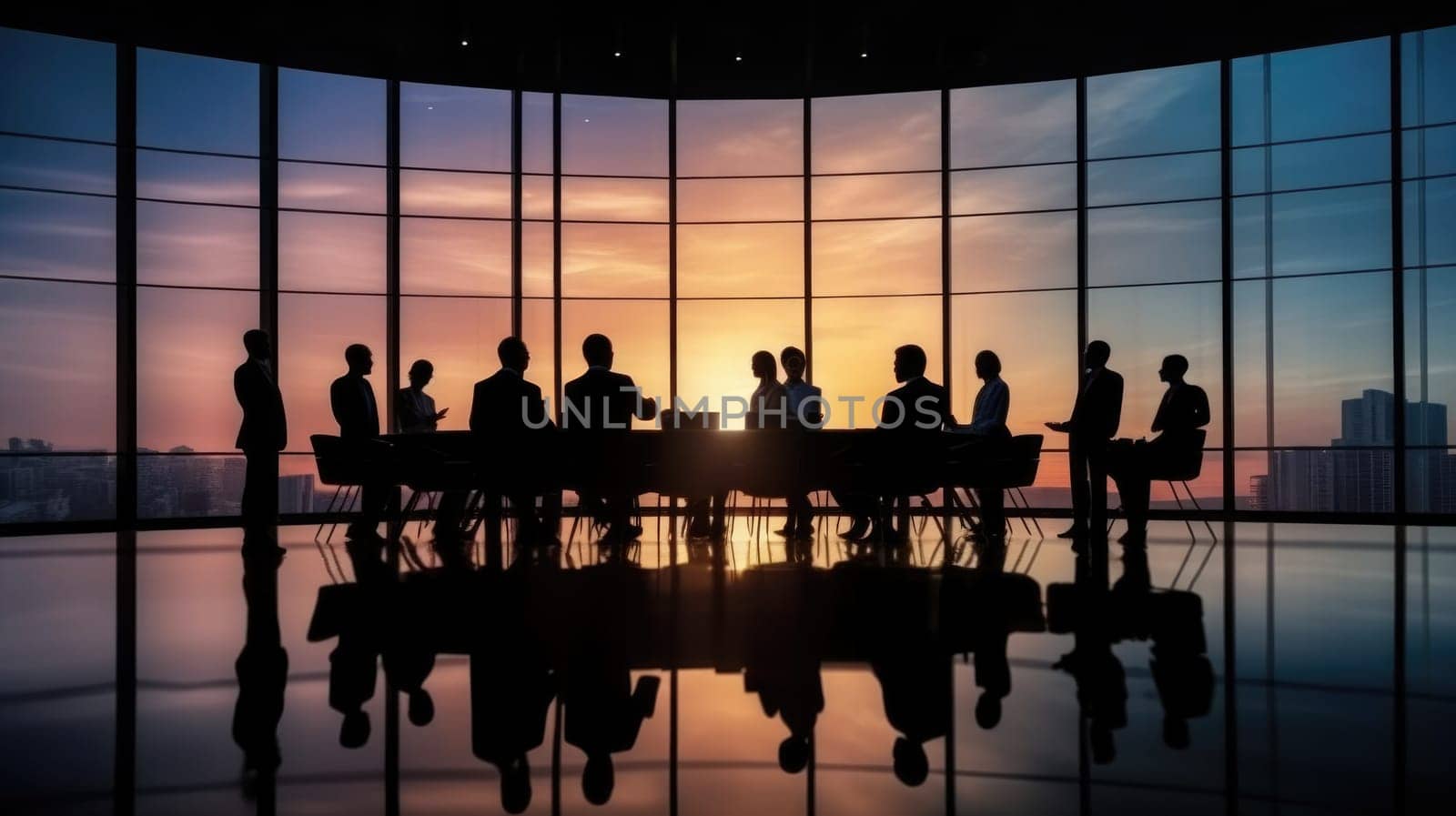 Silhouettes of group of business people against sunset comeliness