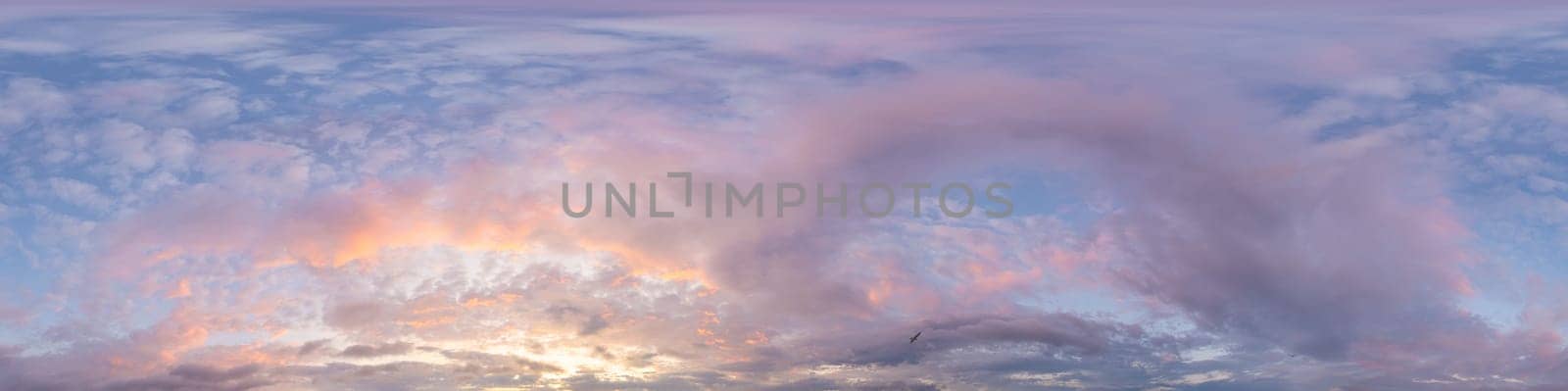 Sunset sky panorama with bright glowing pink Cirrus clouds. HDR 360 seamless spherical panorama. Full zenith or sky dome in 3D, sky replacement for aerial drone panoramas. Climate and weather change. by Matiunina