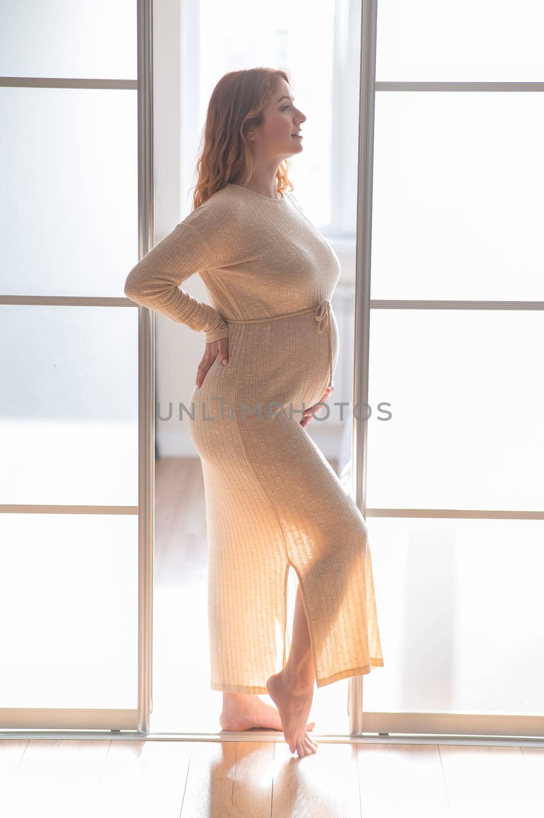 A pregnant woman in a long beige dress stands in profile between the folding doors. by mrwed54
