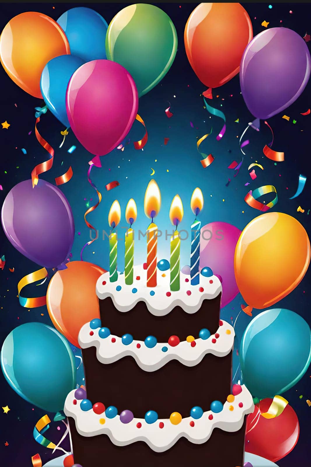 birthday card with cake and balloons on background. vector illustration.Birthday cake with candles, balloons and confetti. Birthday card with cake, balloons, confetti and ribbons. Birthday concept.