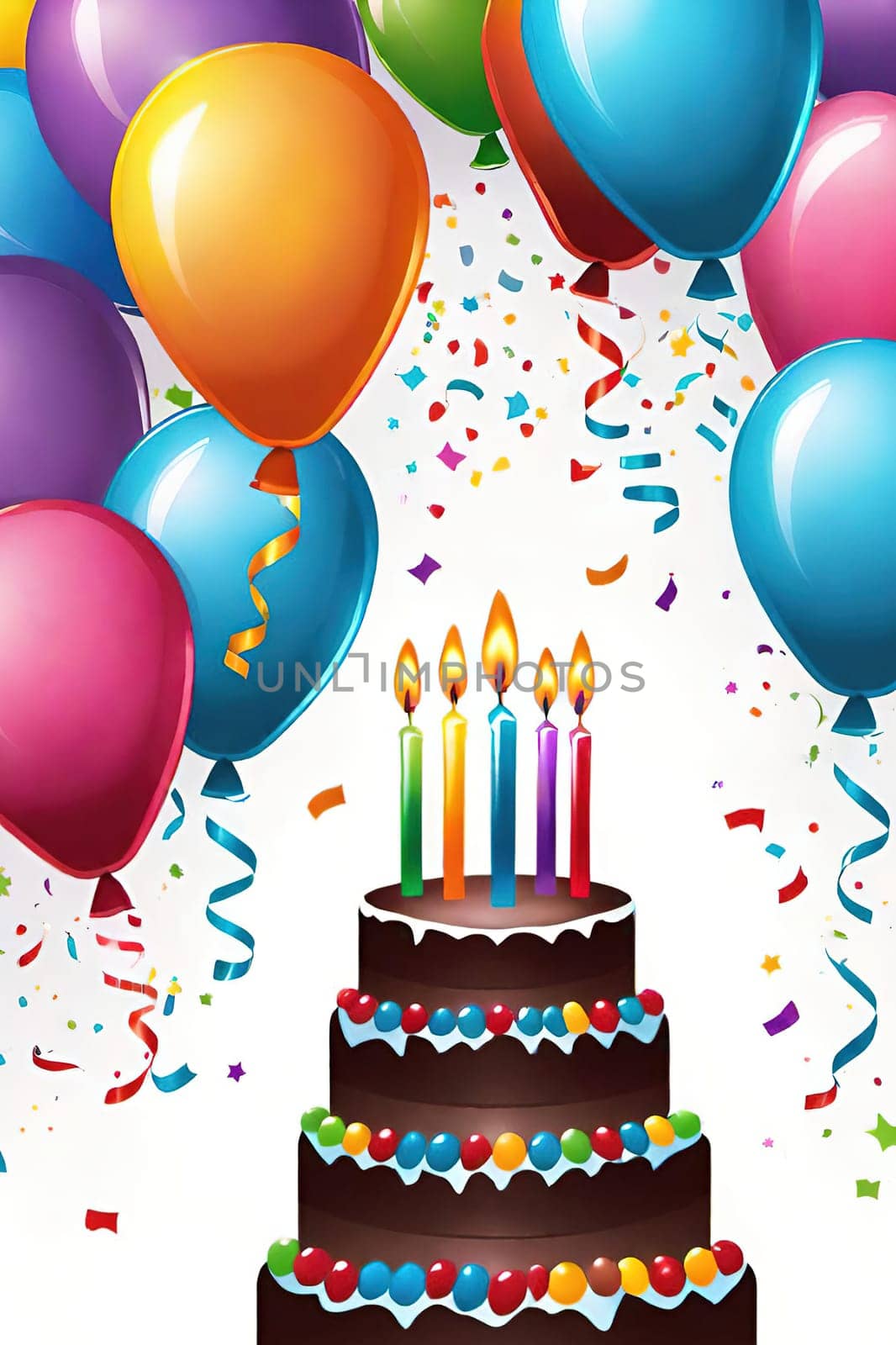 birthday card with cake and balloons on background. vector illustration.Birthday cake with candles, balloons and confetti. Birthday card with cake, balloons, confetti and ribbons. Birthday concept.