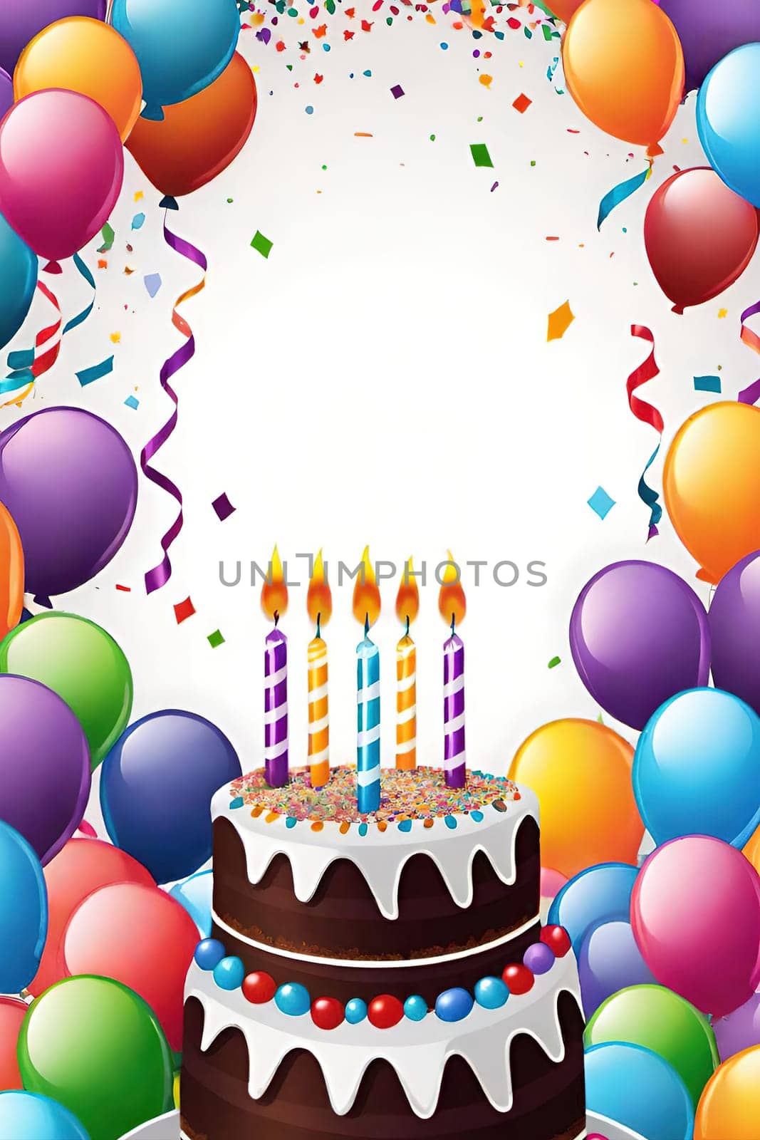 birthday card with cake and balloons on background. vector illustration.Birthday cake with candles, balloons and confetti. Birthday card with cake, balloons, confetti and ribbons. Birthday concept.