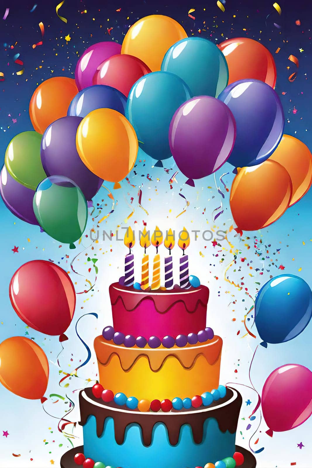 birthday card with cake and balloons on background. vector illustration.Birthday cake with candles, balloons and confetti. Birthday card with cake, balloons, confetti and ribbons. Birthday concept.