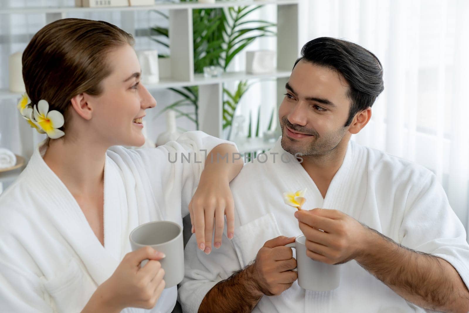 Beauty or body treatment spa salon vacation lifestyle concept with couple wearing bathrobe relaxing with drinks in luxurious hotel spa or resort room. Vacation and leisure relaxation. Quiescent