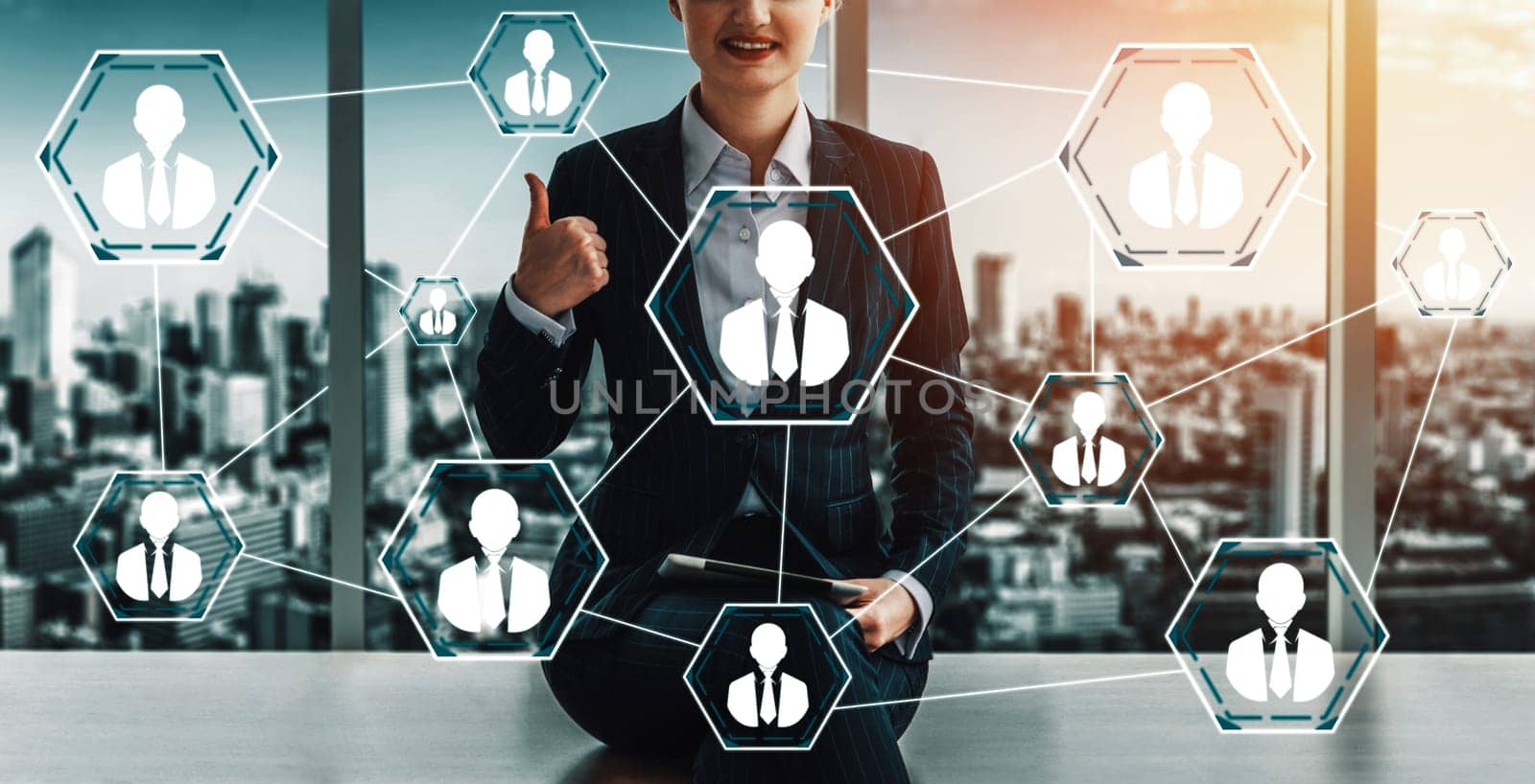 Human Resources Recruitment and People Networking Concept. Modern graphic interface showing professional employee hiring and headhunter seeking interview candidate for future manpower. uds