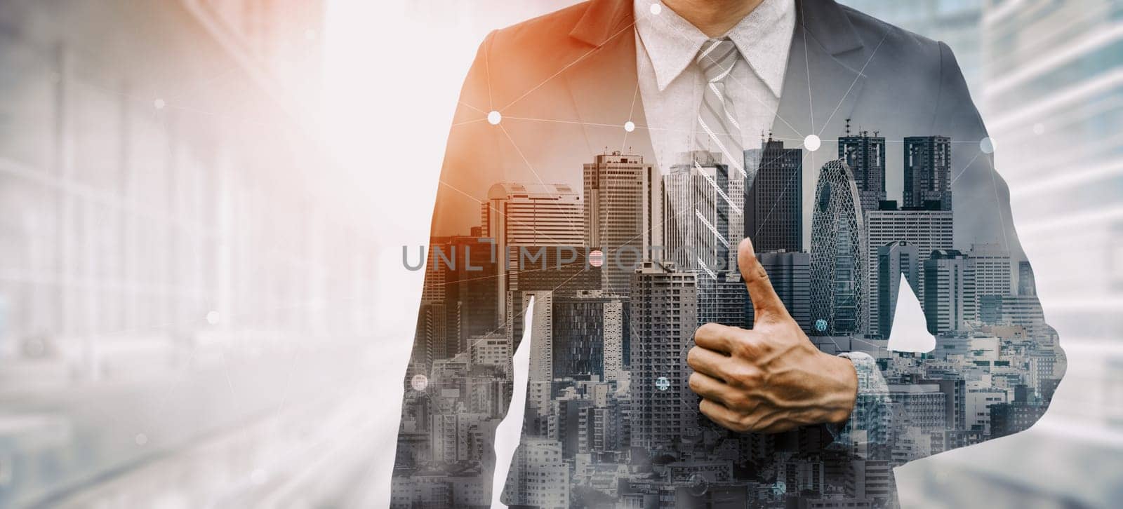 Double Exposure Image of Business Person on modern city background. Future business and communication technology concept. Surreal futuristic cityscape and abstract multiple exposure interface. uds