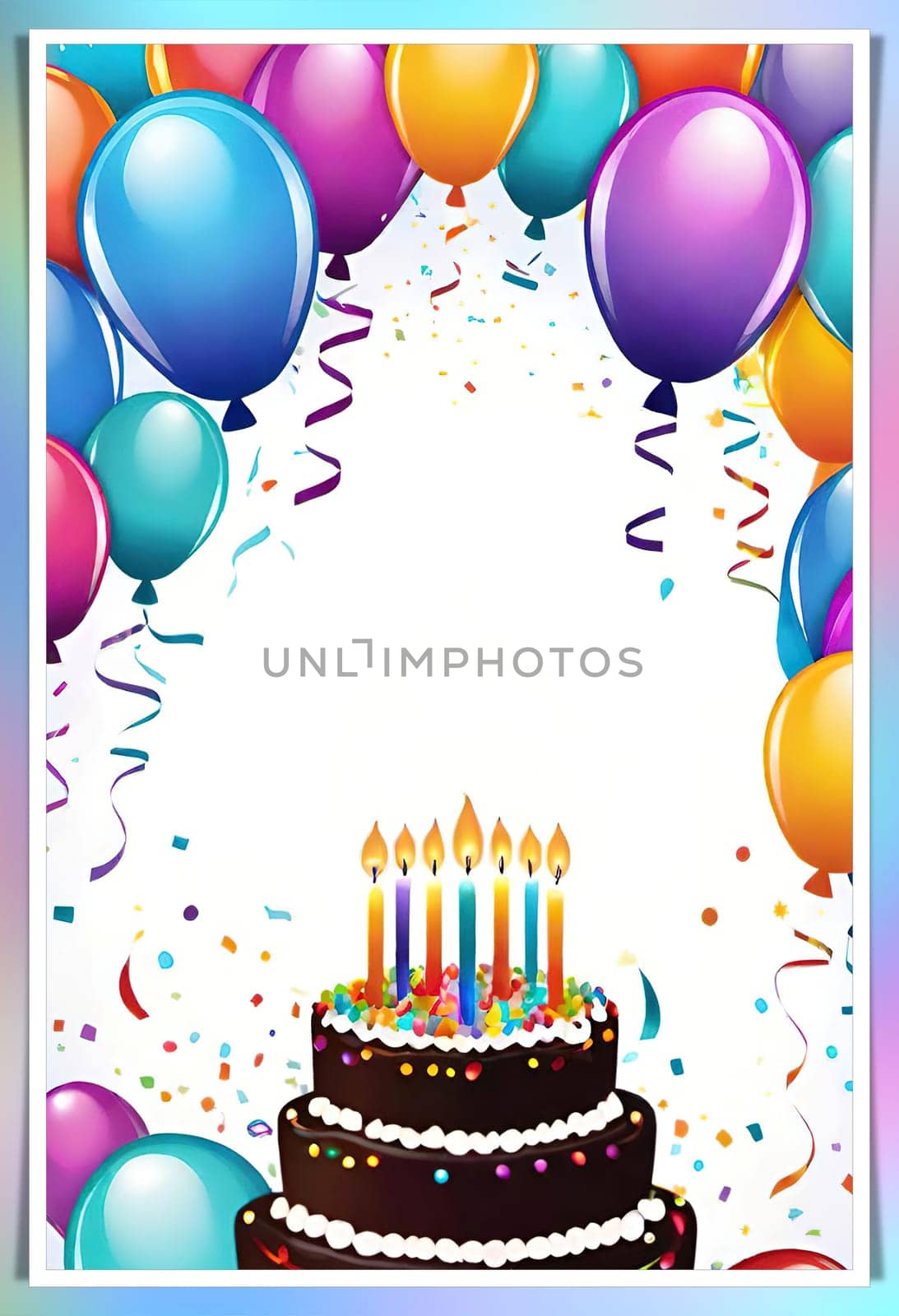 birthday card with cake and balloons on background. vector illustration.Birthday cake with candles, balloons and confetti. Birthday card with cake, balloons, confetti and ribbons. Birthday concept.