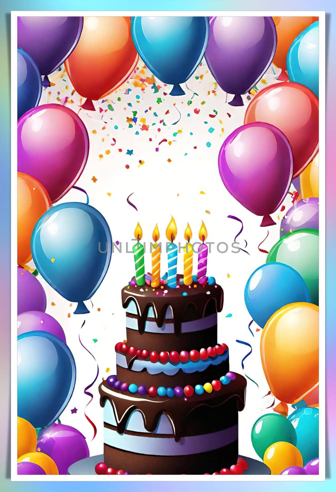 birthday card with cake and balloons on background. vector illustration.Birthday cake with candles, balloons and confetti. Birthday card with cake, balloons, confetti and ribbons. Birthday concept.