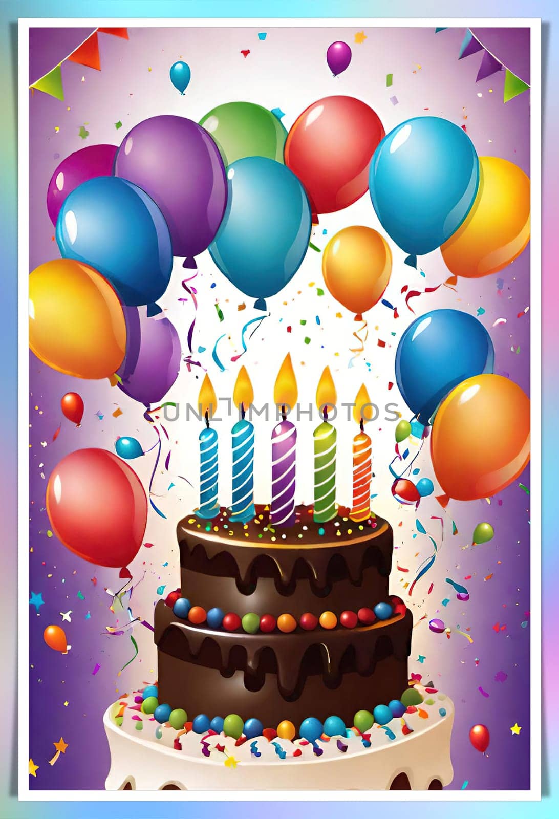 birthday card with cake and balloons on background. vector illustration.Birthday cake with candles, balloons and confetti. Birthday card with cake, balloons, confetti and ribbons. Birthday concept.