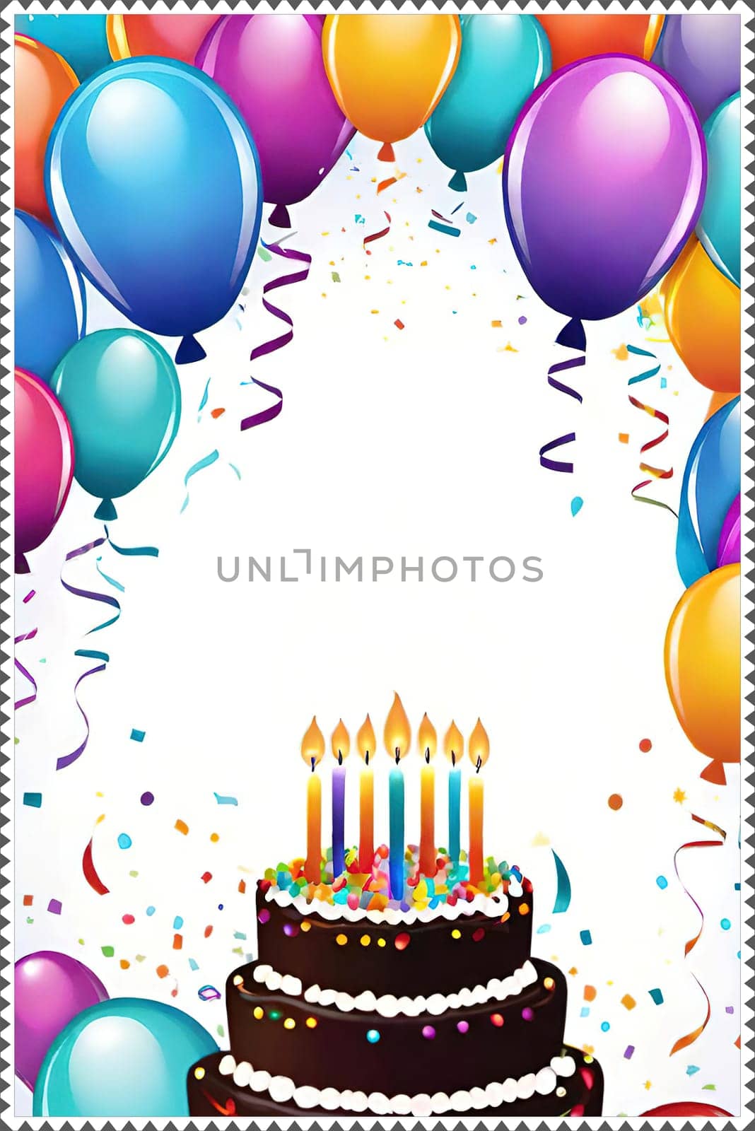 birthday card with cake and balloons on background. vector illustration.Birthday cake with candles, balloons and confetti. Birthday card with cake, balloons, confetti and ribbons. Birthday concept.