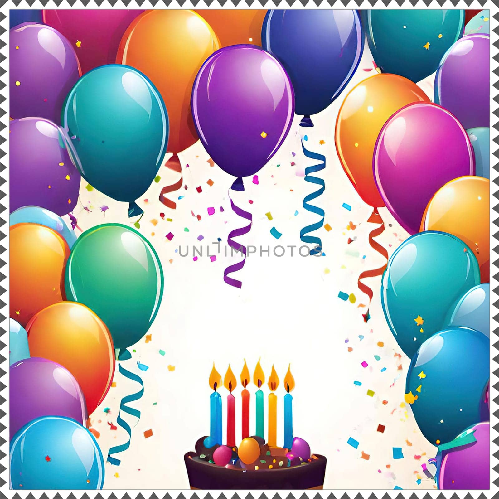 birthday card with cake and balloons on background. vector illustration.Birthday cake with candles, balloons and confetti. Birthday card with cake, balloons, confetti and ribbons. Birthday concept.