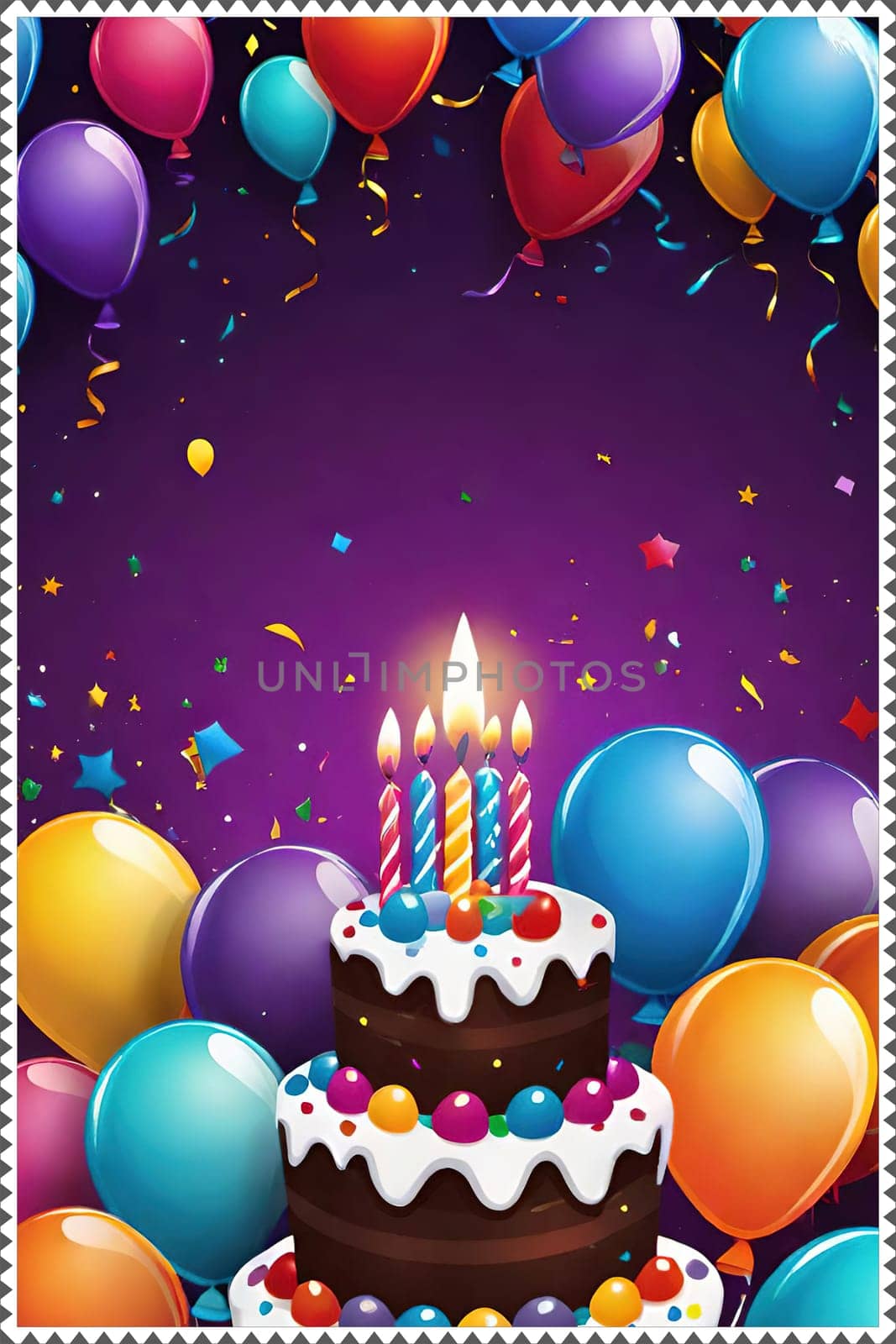 birthday card with cake and balloons on background. vector illustration.Birthday cake with candles, balloons and confetti. Birthday card with cake, balloons, confetti and ribbons. Birthday concept.